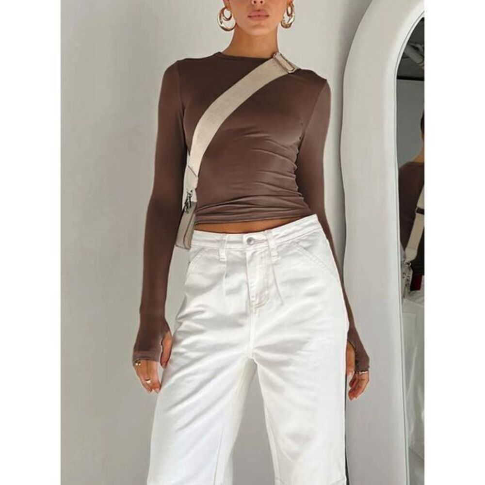 Commense Utility Long Sleeve Brown Crop Top‎ Size Small